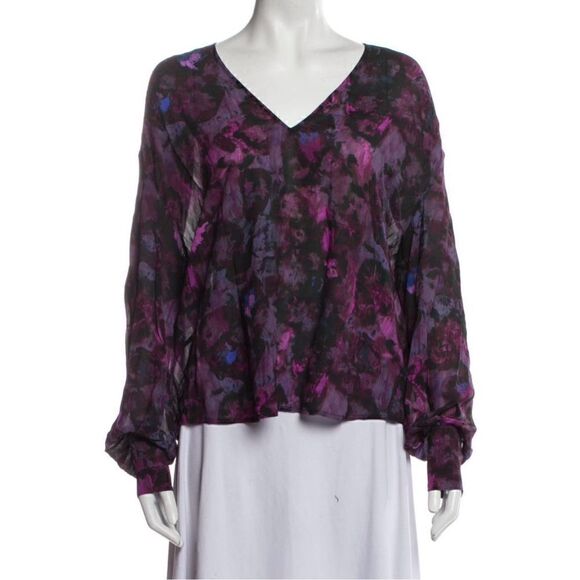 Iro Purple Floral Print  Long Sleeve with V-Neck Blouse - Picture 1 of 1